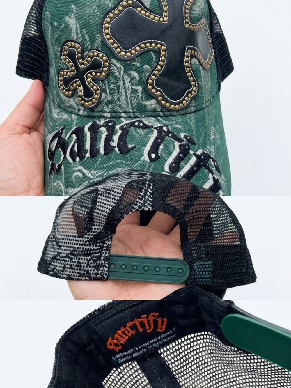 Vintage Y2K Sanctify Studded Leather Cross Trucker Hat Green Snapback